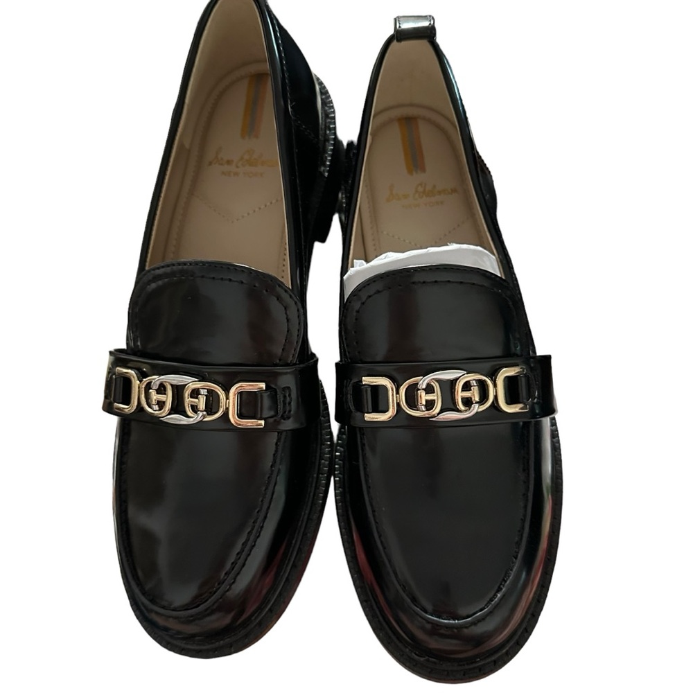 Sam Edelman Black Patent Leather Loafers with Gold Hardware